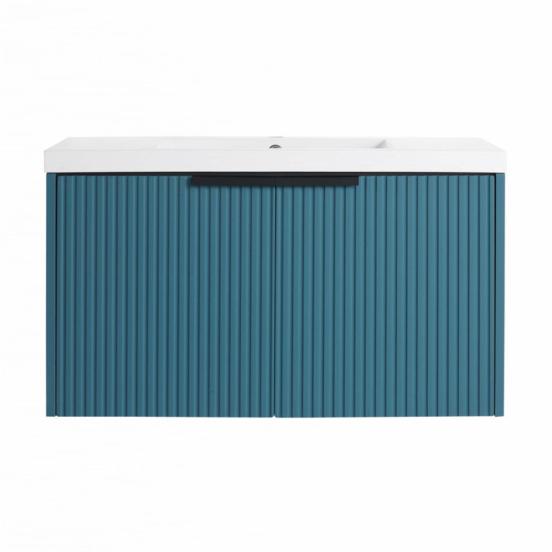 Meuble-lavabo mural 36 po avec lavabo en résine et 2 portes à fermeture en douceur, Bleu lac