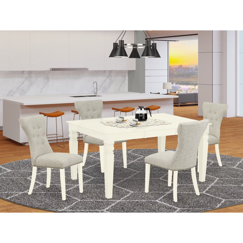 5 Piece Dining Set Includes a Rectangle Dining Room Table with Butterfly Leaf and 4 Doeskin Linen Fabric Upholstered Parson Chairs, Linen White