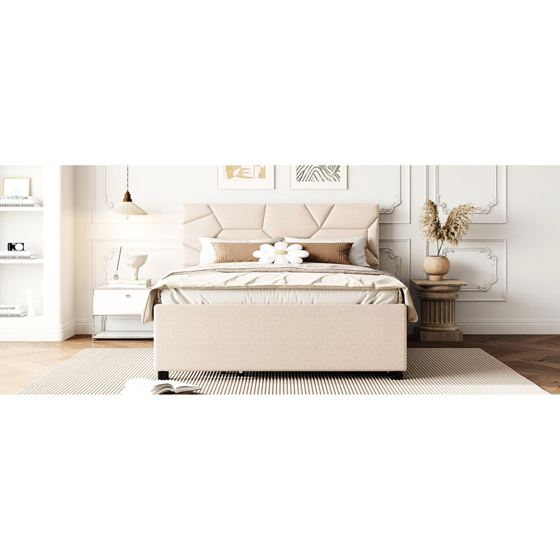 Élégant lit plateforme tapissier avec tête de lit à motif brique et lin beige, lit gigogne inclus