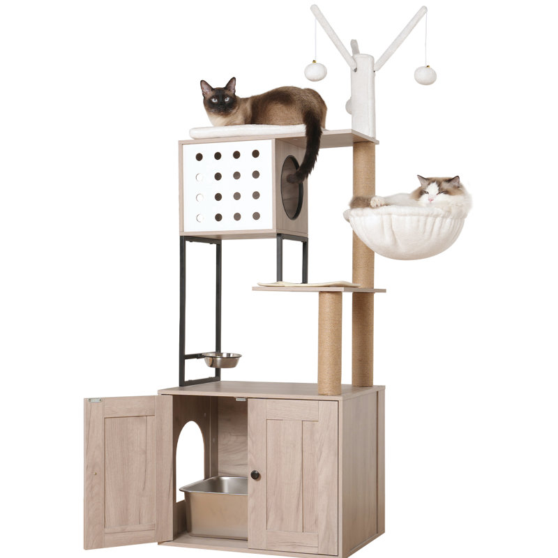 Arbre à chat à 3 niveaux avec bac à litière, gris moderne, avec poteaux à griffer, bol d'alimentation et bâtons détachables, disposition verticale intégrée confortable et peu encombrante, zone de glissement amovible
