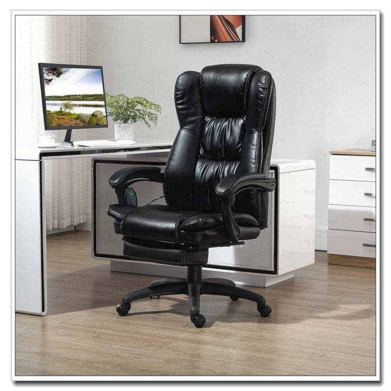 Fauteuil de bureau à haut dossier avec vibration à 6 points, 5 modes, fauteuil de direction, fauteuil pivotant en cuir PU avec dossier inclinable et repose-pieds rétractable, noir