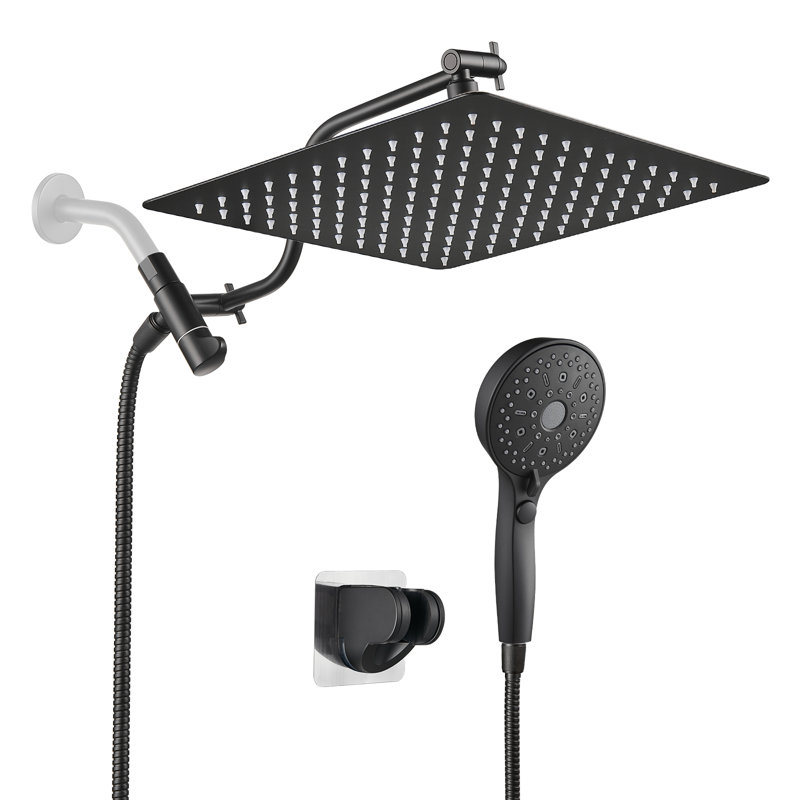 Pomme de douche double 12 po avec pomme de douche à main à 12 réglages et boyau de douche 59 po, noir mat, Noir mat
