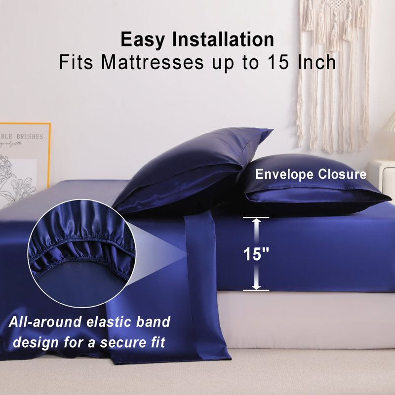 Ensemble de draps en satin 4 pièces Luxury, Couvre-lit double + 4 pièces supplémentaires, Bleu marine
