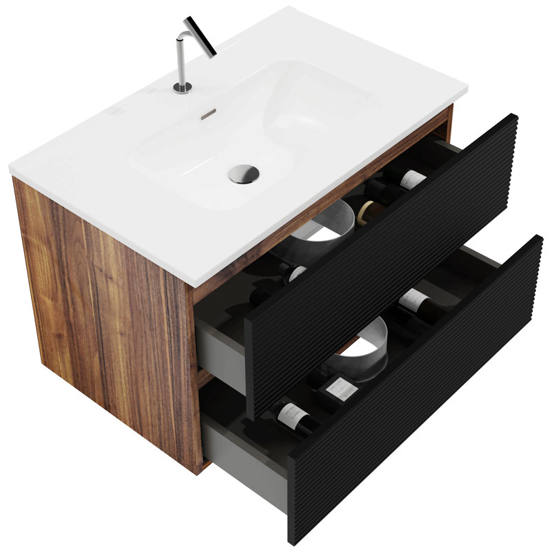 Ensemble de meuble-lavabo 30 po avec lavabo, avec deux portes et meuble-lavabo avec tablette de rangement ouverte à droite, bois massif, sans les robinets,