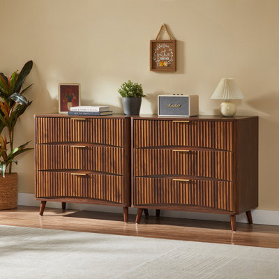 Ensemble de commode 3 tiroirs cannelés, commode de style Mid-Century moderne avec rainures verticales, armoire de rangement en bois massif avec poignées en métal pour le salon de la chambre à coucher