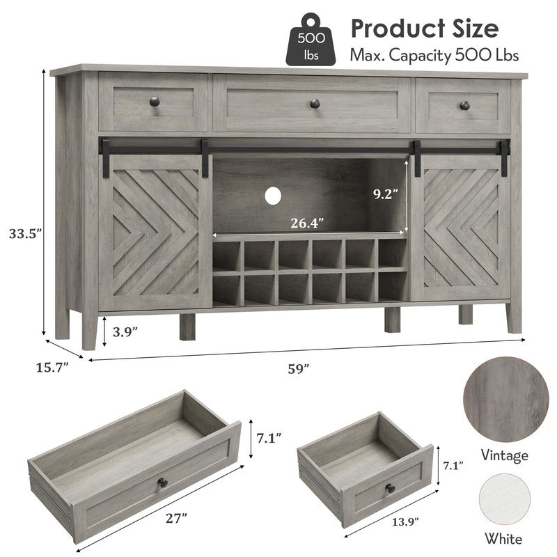59" Farmhouse Buffet Cabinet with Sliding Barn Door, Rustic Sideboard with 3 Drawer & Removable Wine Rack, Gray, Gray