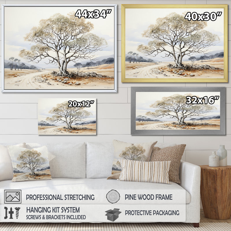 " Beige Tree Monochrome Ink Harmony ", 30" H x 40" W x 1.5" D, Black Picture Framed