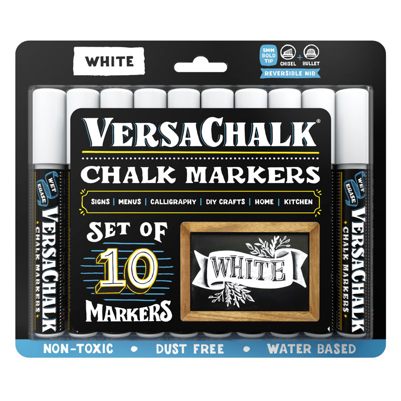 Marqueurs à craie blanche VersaChalk - paquet de 10, pointe audacieuse de 5 mm, sans poussière pour tableaux noirs et tableaux effaçables à sec