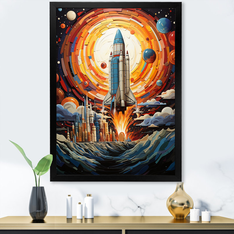 Lune, fusée de la fusée, impression d'art mural, Cadre simple noir, H 20 po x l 12 po