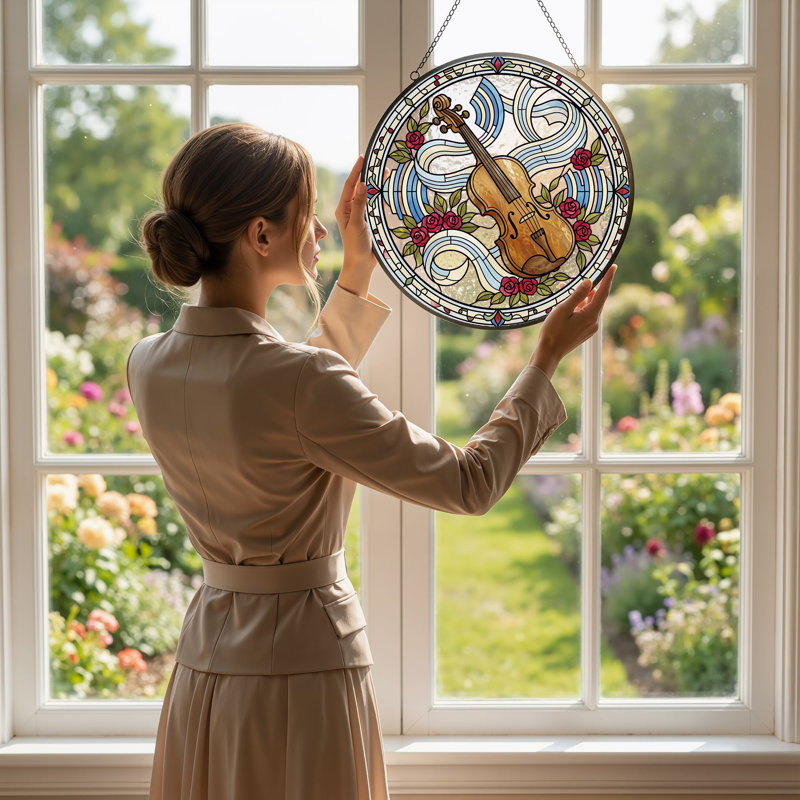 Panneau de vitrail Violin Roses ， 12 po, H 12 po