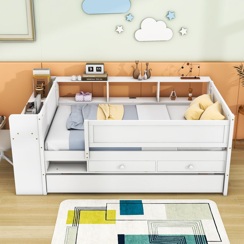 Twin Wooden Daybed with Trundle and Built-in-Desk, White