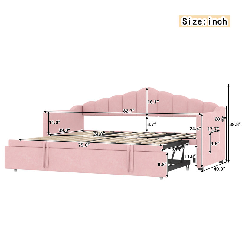 Velvet Upholstered Tufted Twin Daybed with Twin Pop-Up Trundle and Charing Ports, Pink