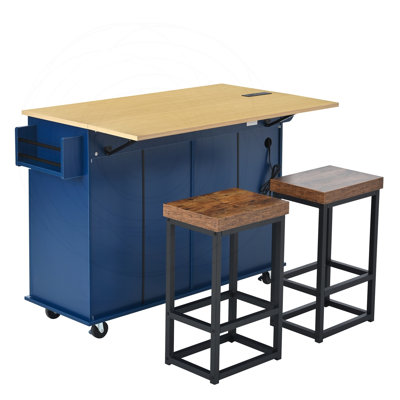 Farmhouse Kitchen Island with Drop Leaf, 2 Seatings, and Power Outlet