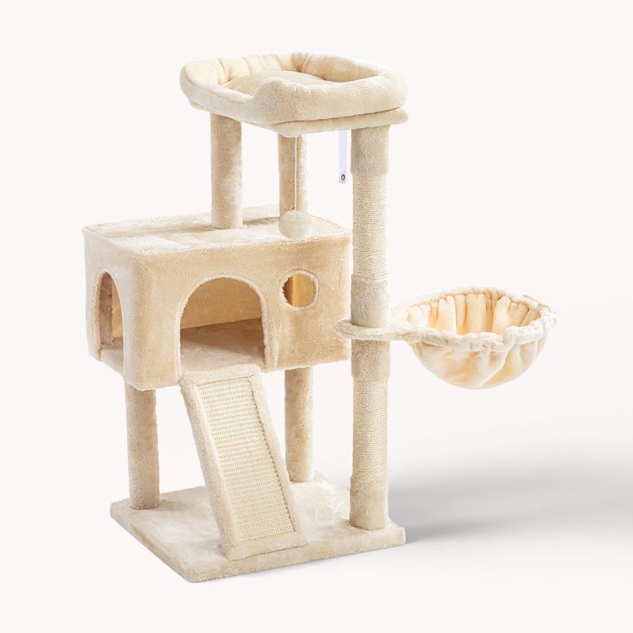 Beige cat tree with scratching post, cat house, perch, and hammock.