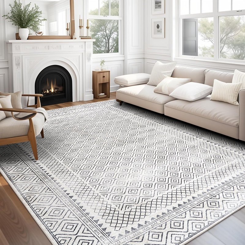 Aria Geometric Neutral Ivory Machine Washable Area Rug, Rectangle 4'10" x 7'