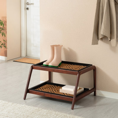 Premium Solid Wood Boot Tray Stand with Natural Coir Mat - Entryway & Mudroom Shoe Organizer