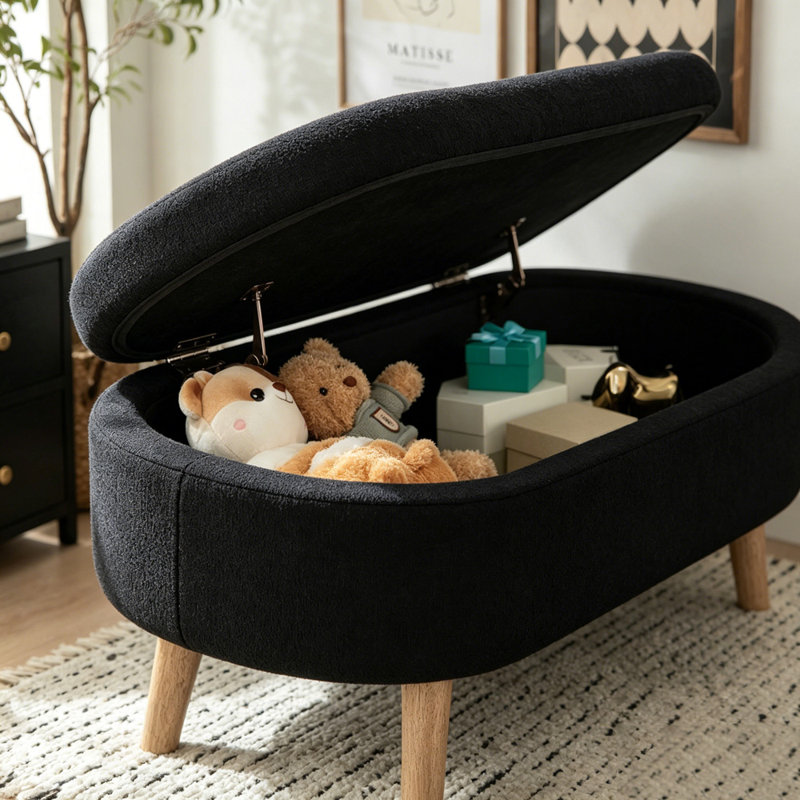 Banc de rangement avec repose-pieds ovale, Noir