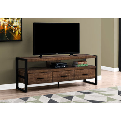 Meuble télé 60 po avec console contemporaine en stratifié brun et métal noir, meuble multimédia avec rangement pour le salon