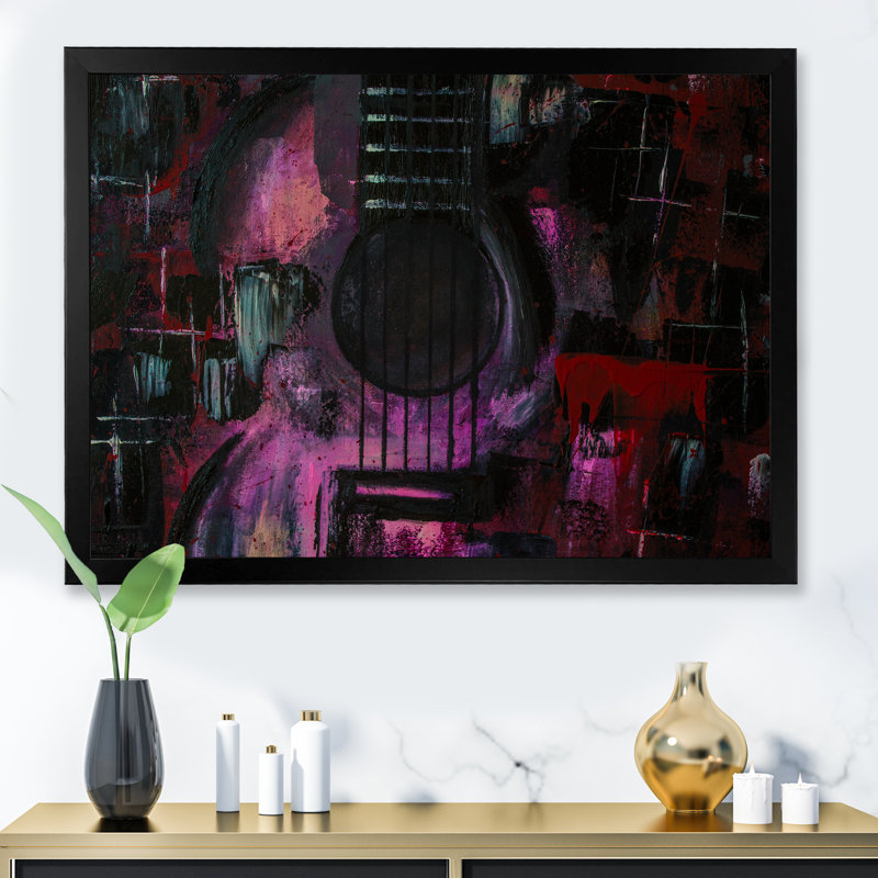 «Purple Music Guitare Ii», reproduction d'art sur toile moderne, H 34 po x l 44 po x P 1,5 po, Cadre noir