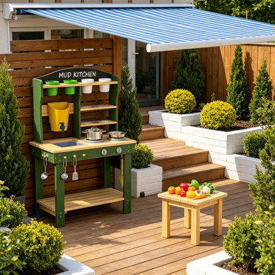 Cuisine de boue en bois pour enfants pour l'extérieur, cuisine de jeu avec réservoir d'eau, évier et robinet, batterie de cuisine pour jouets, pots à plantes et moules alimentaires, ensemble de jeu sensoriel pour les tout-petits et les enfants