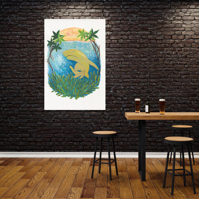 Yellow Shark Underwater Playful Vibrant Abstract Shark Nature Ocean Wall Art Print 1 Piece Wrapped Canvas Wall Art