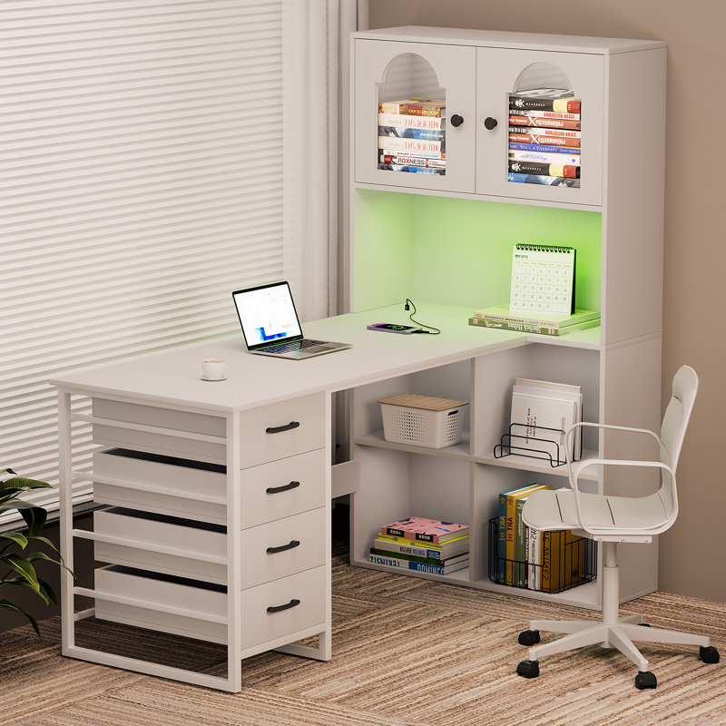 White Computer Desk With Tall Bookshelf, L Shaped Desk With Drawers & LED Lights Power Outlets,Corner Desk With File Cabinet,Home Office Gaming Desk,52''X31.5''X'63''