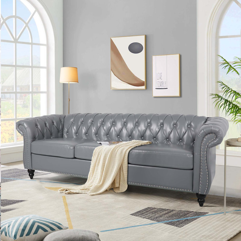 Deaneen 83.85'' Faux Leather Sofa, Gray Faux Leather