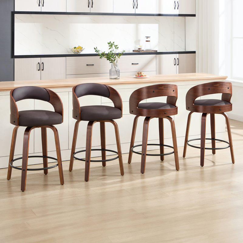 Comfortable Swivel Counter Stool With Durable Solid Wood Legs, Brown, 4