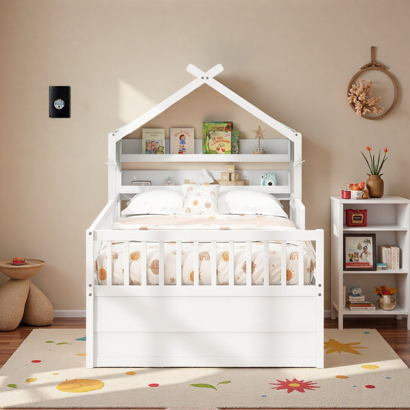 Lit maison avec lit gigogne, tablettes de tête de lit et tiroirs de rangement, Lit simple, Blanc