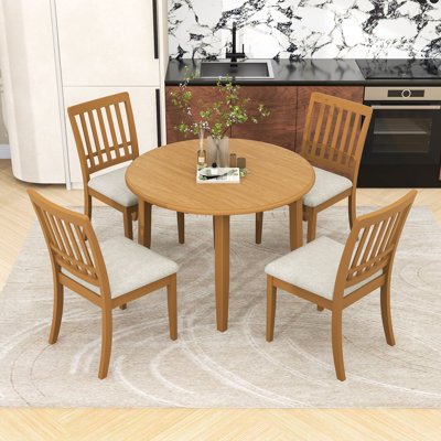 5Pcs Round Dining Table Set with Drop-Leaf Extension and 4 Upholstered Chairs