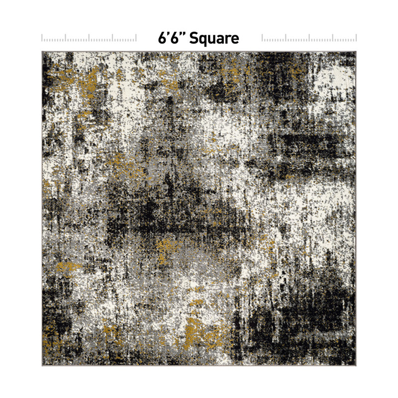 Abstract Yellow/Black/Gray Area Rug, Square 6'7"