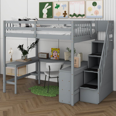 Structure de lit mezzanine en bois pleine grandeur avec bureau en forme de L intégré et 3 tablettes de rangement et escalier de rangement attaché pour les enfants, aucun sommier nécessaire