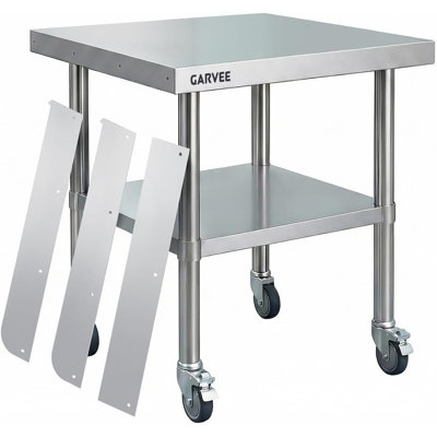 Table de travail en acier inoxydable avec roulettes, table de préparation commerciale 24 x 24 x 26 po avec dosseret détachable à 3 côtés et tablette réglable