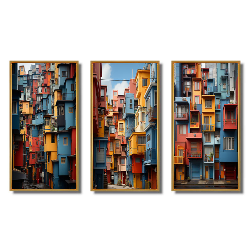 «Cityscape Dynamic Cubic», 3 pièces sur toile, Encadrement doré, H 40 po x l 60 po