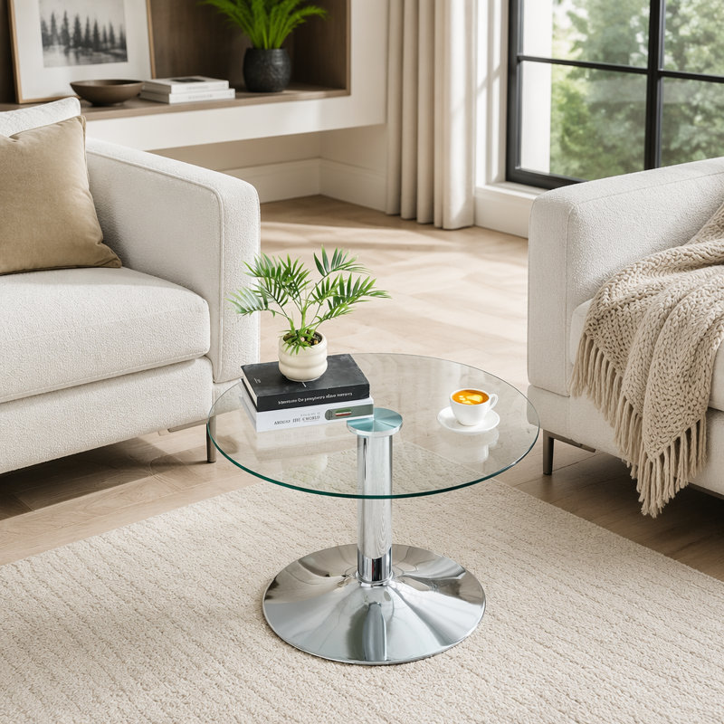 Table basse ronde en verre trempé de 27,5 po, table d'appoint large à base métallique stable avec rebords arrondis et coffre-fort, table de loisir polyvalente et luxueuse pour petit salon