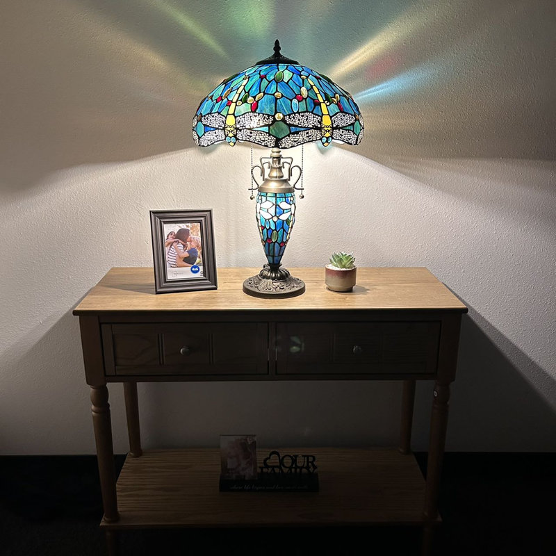 Chenault Tiffany Table Lamp Stained Glass Shade And Base Dragonfly LED Bulbs Included 16"W*16"D*24"H