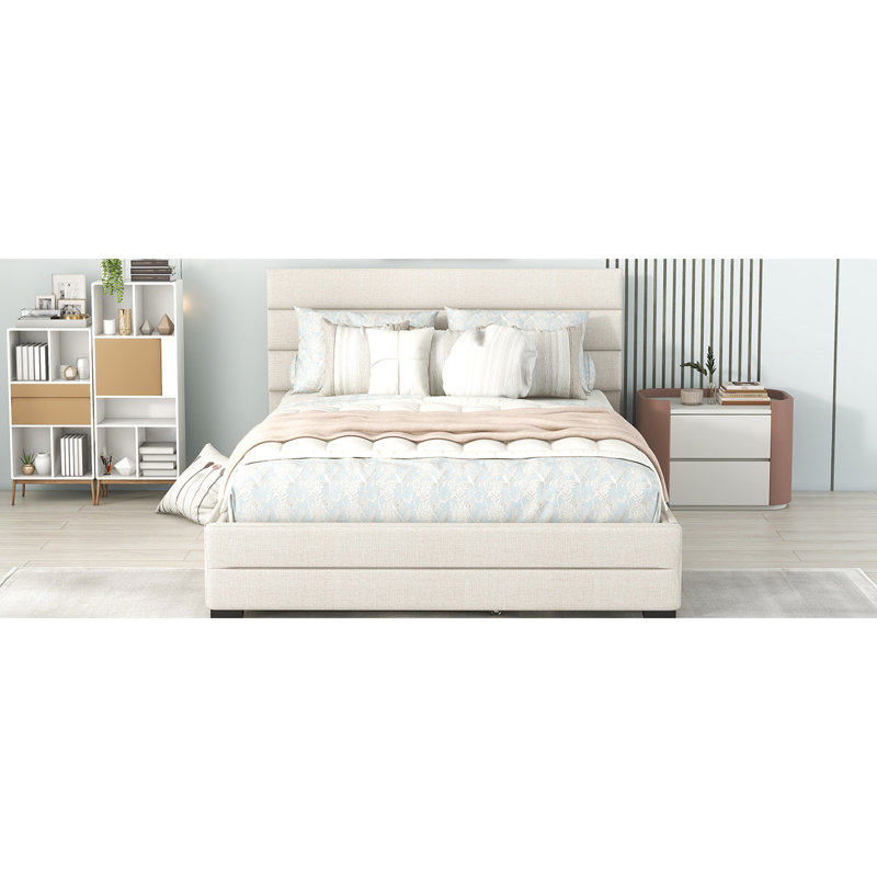 Queen Upholstered Platform Bed with Trundle & 2 Storage Drawers, Modern Bedroom Furniture, Beige