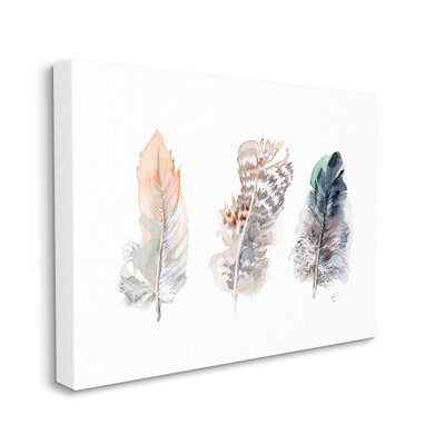 " Trio Of Patterned Bird Feathers Animal Watercolor "