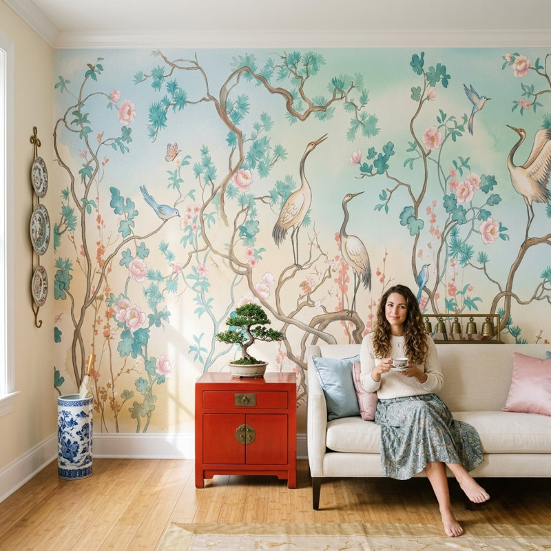 Décoration murale amovible de style oriental chinoiserie, 100 po x 96 po, Peler et coller