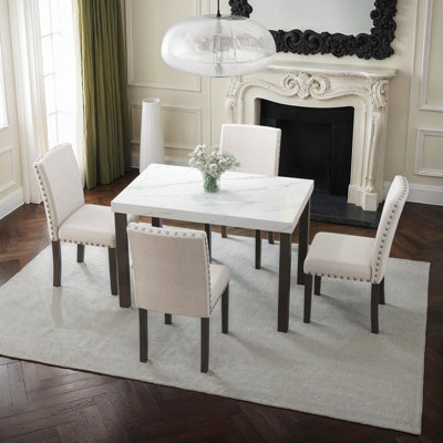 Modern Black & White Solid Wood & MDF Dining Table Set with 4 Upholstered Chairs