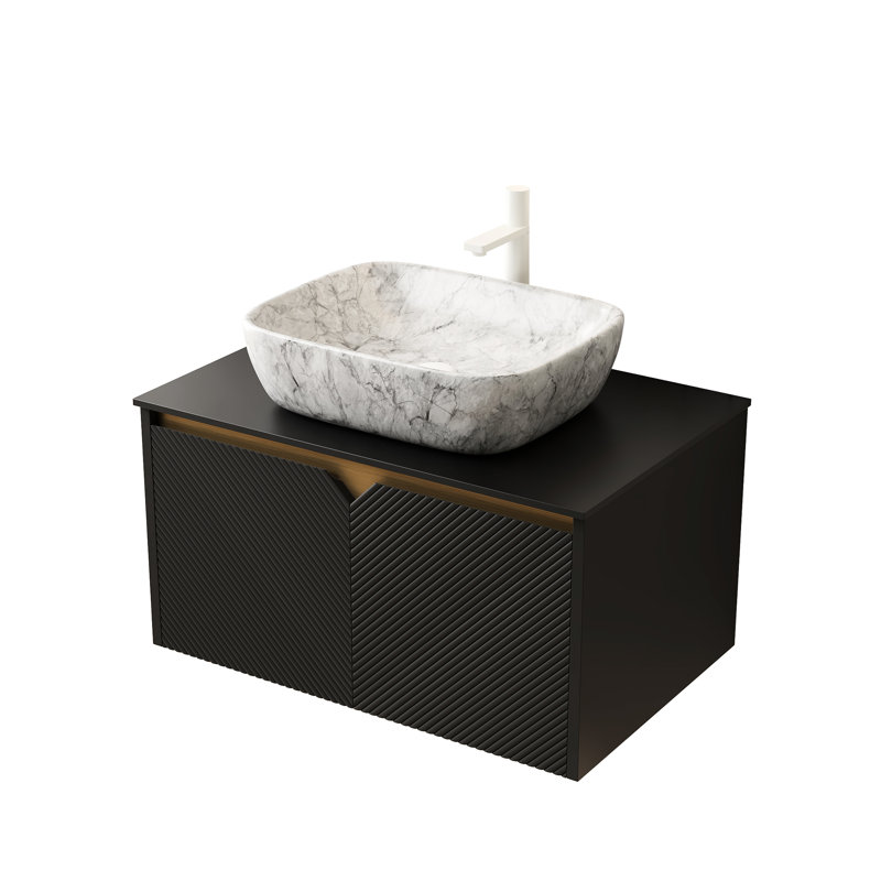 30" Wall - Mounted Floating Bathroom Vanity, Marble Pattern Rectangle Ceramic Vessel Sink, Black Sintered Stone Top, Solid Wood Cabinet Doors With Twill And Metal Decor Soft Close Damper For Inlays