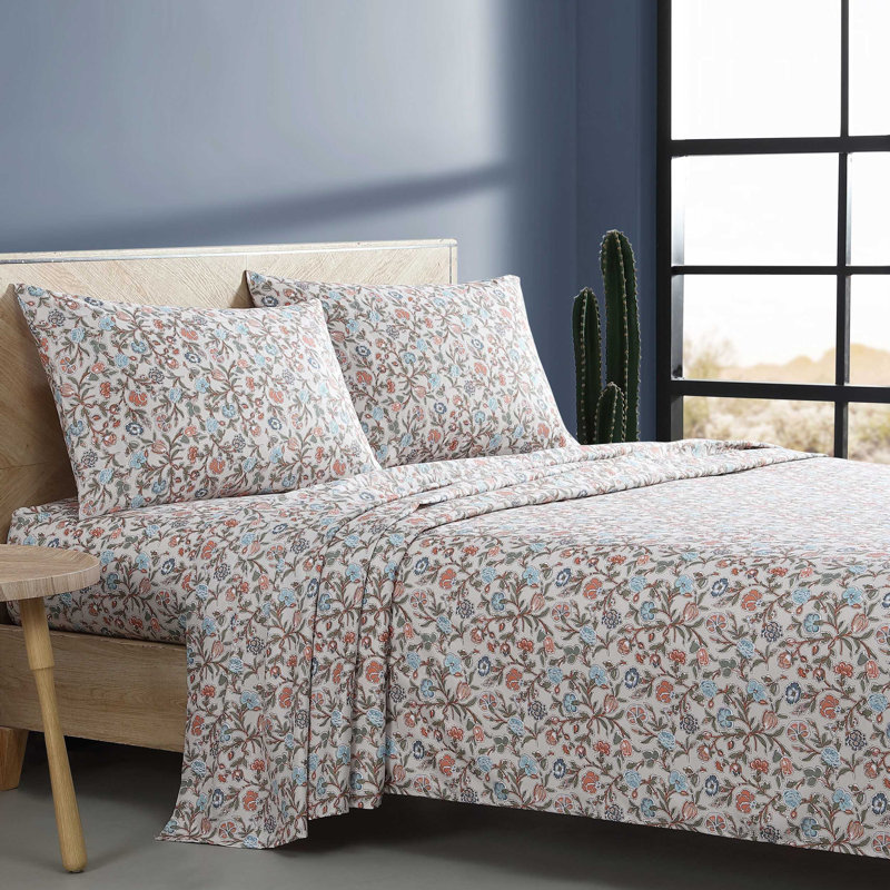 Twin Blue and Beige Floral Microfiber Bedding Set