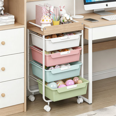 Rolling Storage Cart With 4 Drawers, Arts And Crafts Cart, Cosmetics Storage And Organizing Box, With Wooden Tabletop