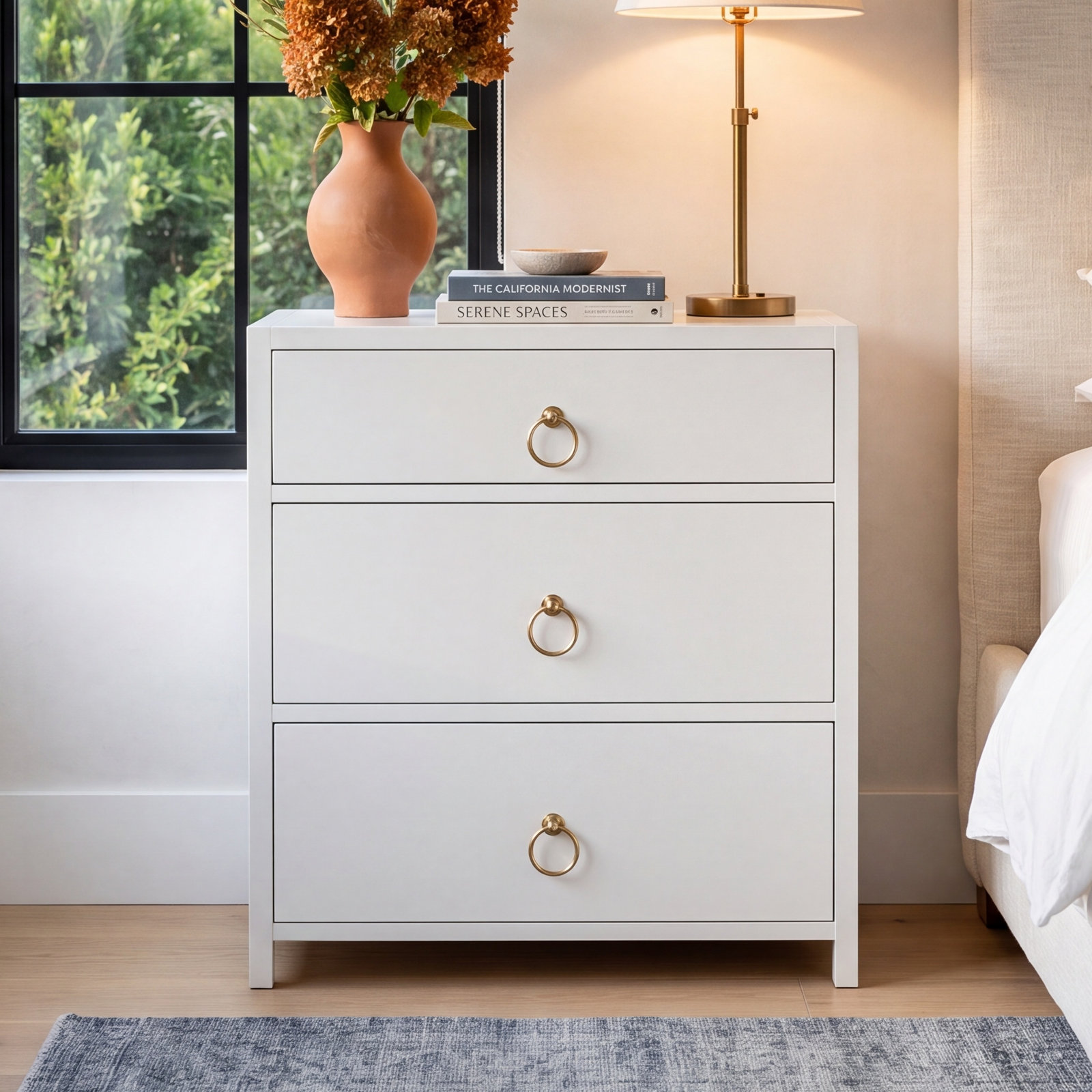 Elin 3-Drawer Acacia Nightstand, White