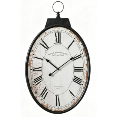 25 inch large oval wall clock, antique antique antique white decorative clock, metal frame and Arabic numerals, retro design, decoration for living room, kitchen and hallway