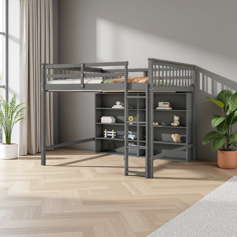 Loft Bed With 8 Open Storage Shelves And Built-In Ladder, Grey