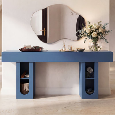 Console de 63 pouces de long avec prise de courant, table de vestibule avec tablettes de rangement, canapé de ferme en panneau de fibres à densité moyenne haute densité pour couloir derrière le canapé, salon, bleu