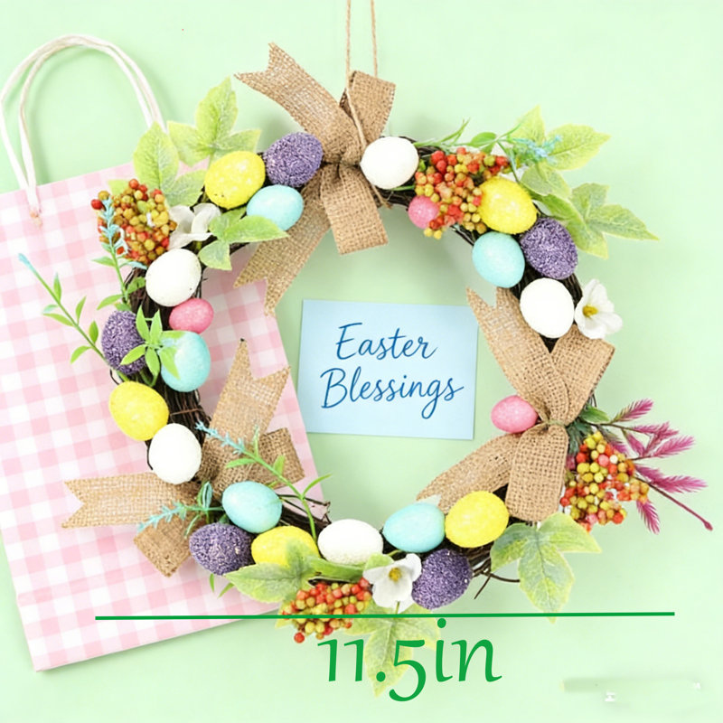 Couronne de Pâques 11,5 pouces pour le printemps - Petite couronne artificielle pour œufs de Pâques avec ruban pour armoire de cuisine, porte d'entrée, fenêtre, centre de table, décoration murale