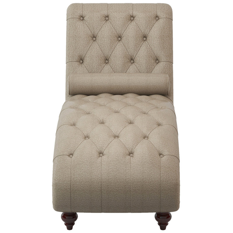 Méridienne brun moderne avec revêtement en tissu texturé, capitonnage à boutons, garniture cloutée et base en bois massif avec garniture de boutons, garniture en contreplaqué