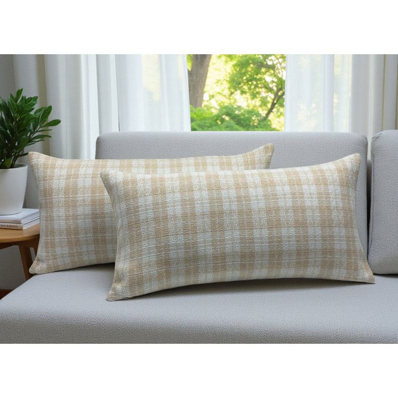 Aiking Pack of 2 Shepherd Plaid Tweed Textured Decorative Lumbar Pillow Covers 12x24 Inch, Beige and White, Beige and White